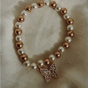 Gold Pearl Bead Rhinestone Cute Butterfly Charm Bracelet